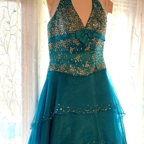 TIFFANY DESIGNS by CHRISTINA WU STUNNING HALTER BEADED TURQUOISE GOWN DRESS - Picture 2 of 11
